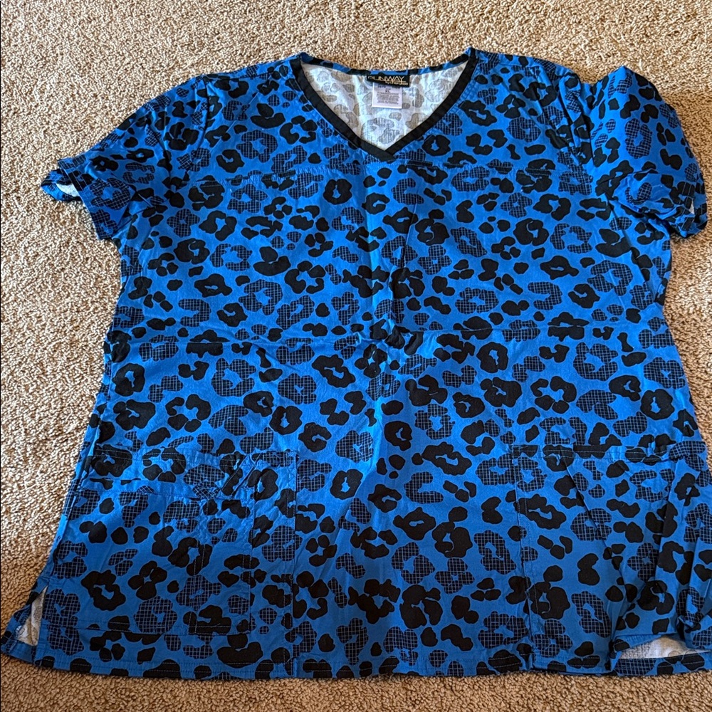 Blue and Black Leopard Print V-Neck Scrub Top